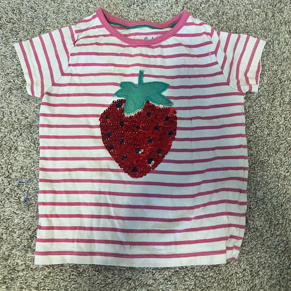 Mini Boden Pink Striped Kids Shirt with Strawberry Design